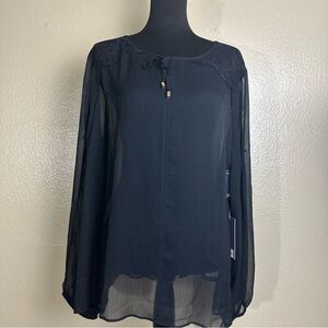 J Lo Riviera Chic Sheer Black Blouse Lace Gold Button Cold Shoulder Academia 2X